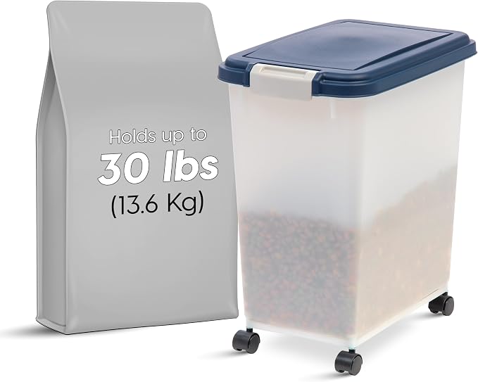 IRIS USA Airtight Dog Food Storage Container, Up to 30 lbs, Attachable Wheels, for Dog Cat Bird and other Pet Food Storage Bin, Keep Fresh, Easy Mobility, BPA Free, Navy/Pearl