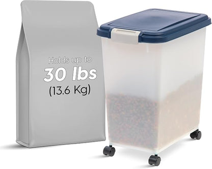 IRIS USA Airtight Dog Food Storage Container, Up to 30 lbs, Attachable Wheels, for Dog Cat Bird and other Pet Food Storage Bin, Keep Fresh, Easy Mobility, BPA Free, Navy/Pearl