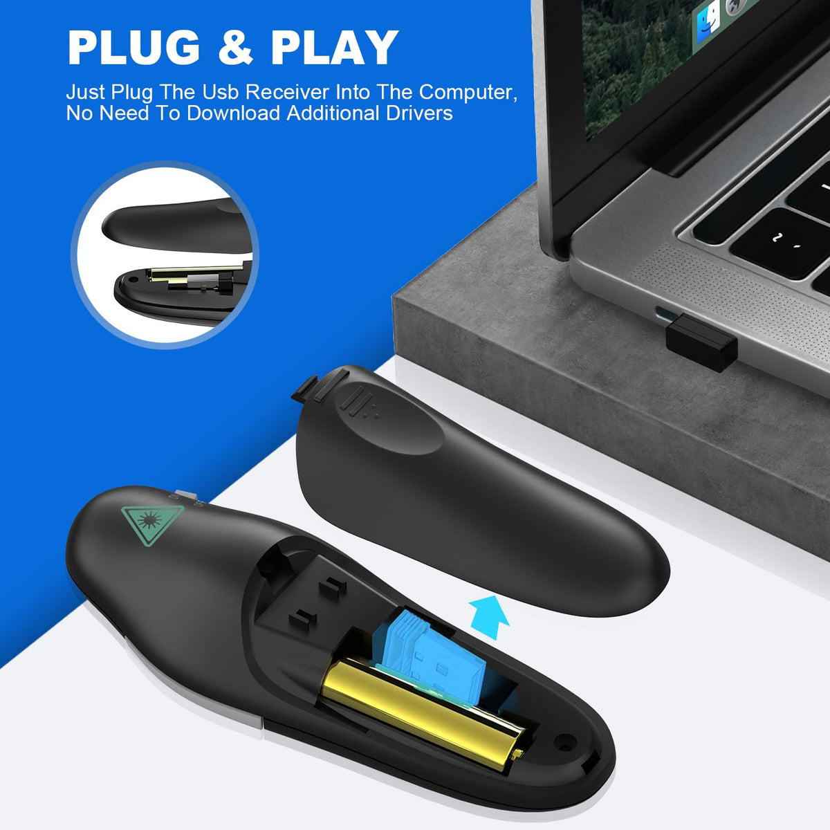 QUI 2 Pack Presentation Clicker, Wireless Presenter Remote Clicker for PowerPoint, Slide Advancer for Mac, Windows, Google Slide, Keynote (USB, Black Blue)