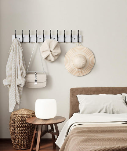 Optish 2 Pack Wooden Coat Rack Wall Mount, 16.1" Rustic Coat Hanger Hooks with 10 Double Hooks, Wall Coat Rack for Hat, Clothes, Bags, Jacket, Brown, White
