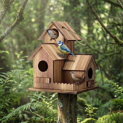 AceOrbit 2 Pcs Bird Houses for Outside 3 Hole Wooden Bird House 7.48 x 5.91 x 5.91 Garden Backyard Decor Weather Resistant Birds Shelter Rustic Outdoor Hanging Birdhouse for Bluebird Finche Cardinal