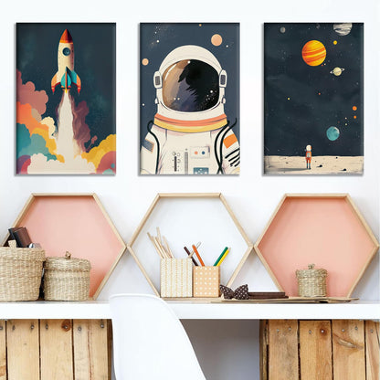 3Pcs Astronaut Wall art Nursery Space Adventure Posters Prints Rocketship Wall Decor Explore Dream Galaxy Canvas Prints Funny Planet Painting for Boys Girls Kids Bedroom Living Framed