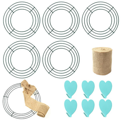 UltraOutlet 6 Pack 14 Inch Metal Wreath Frame Wreath Ring for Crafts with 6 Adhesive Hooks and 3.3 Yard Burlap, Front Door Christmas New Year Valentines Wedding Decoration