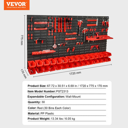 VEVOR Wall Mounted Storage Rack System, 30-Bin Parts Rack Organizer with Wall Panels/Tool Holders/Hooks, Garage Plastic Shop Tool Organizer for Nuts, Bolts, Screws, Nails, Beads, Buttons