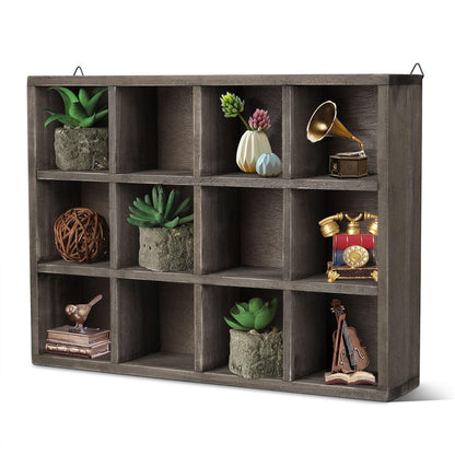 Flexzion Trinket Shelf Shadow Box with Shelves - 12-Compartment Rustic Wood Cubby Wall Shelf for Collectibles, Knick Knacks, Shot Glass Display, Wall Mounted or Freestanding with D-Ring Mounting Tabs