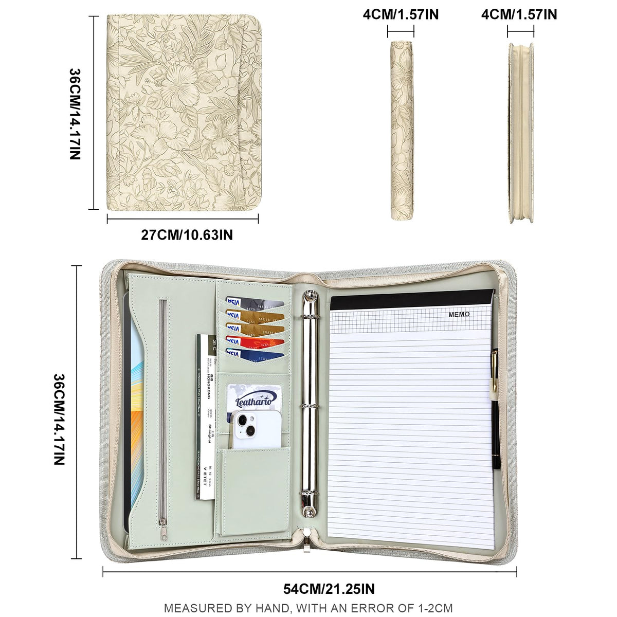 Leathario Portfolio Binder, Includes 5 Folder Index Dividers and 3 Notepads, 3-Ring Folder Organizer, Padfolio with Zipper, Vegan Leather Tablet Sleeve, Business Office Conference Clipboards