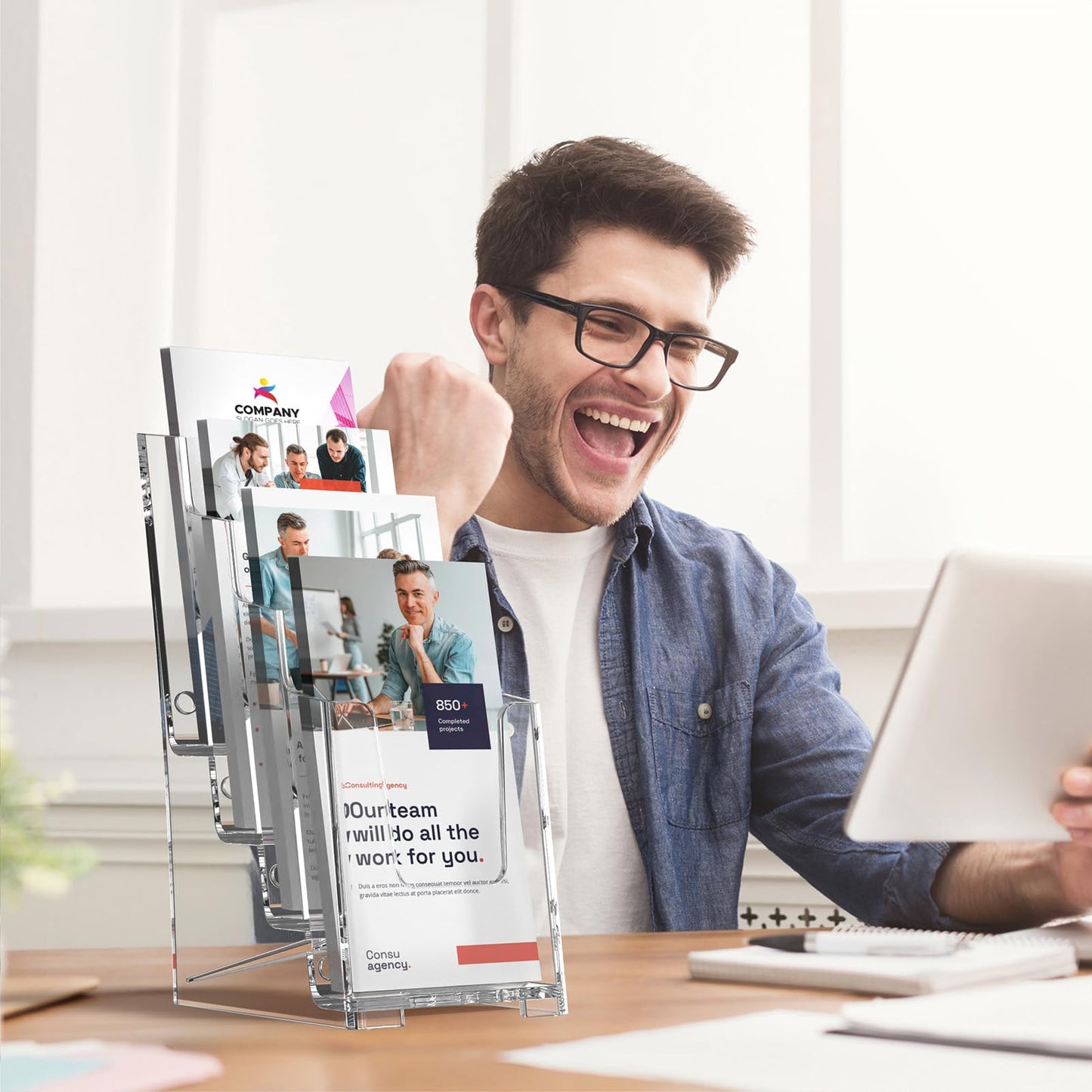 MaxGear Acrylic Brochure Holder, 4 Inch Wide 4 Tier Clear Literature Display Stand Premium Plastic Pamphlet Holder, Multi Pocket Wall Mount or Countertop Organizer for Office or Home, 3 Pack