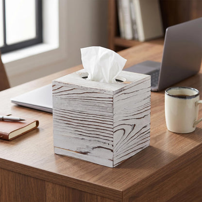 SENJEOK 2 Pack Wooden Tissue Box Cover Square, 5.5 x 5.5 x 6.1 Inch White Tissue Box Holder for Home Office Bathroom