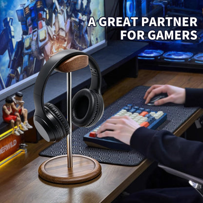 Oxmidud Headset Stand for Desk, Walnut Wood ＆ Stainless Steel Universal Wooden Headphone Holder with Storage Base, Gaming Equipment Accessories, Desk Organizer, Gifts for Gamers Men Boyfriend
