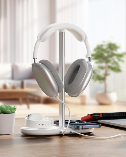 HiWe Headphone Stand, 2-in-1 Wireless Charger for iPhone/Apple Watch, Aluminum Alloy Rod, Minimalist Desk Organizer, White
