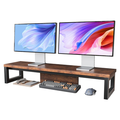 HEWORLIF Dual Monitor Stand Riser, Wood and Steel Monitor Riser, Long Computer Monitor Stands for 2 Monitors, Desk Shelf for Computer, Laptop, Printer, TV, Brown