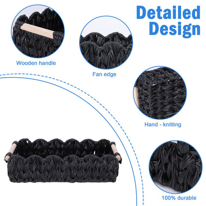 Duimbok Black Paper Rope Woven Basket, Scalloped Edge Toilet Paper Holder with Wooden Handles, Farmhouse Bathroom Storage for Over Toilet Shelf, End Table, Cozy Bedroom Decor