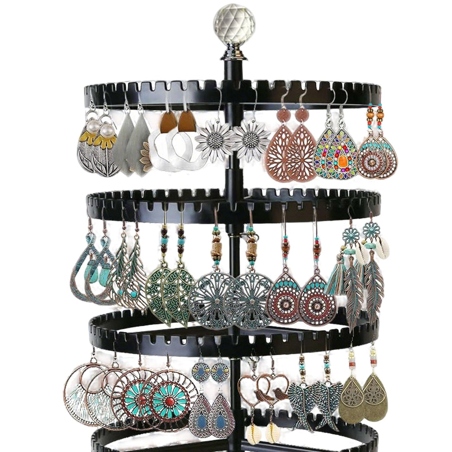 Raymorium IDavosic.ly 6-layer rotating earring holder storage rack, adjustable plastic pendant display stand with 348 grooves on the tree strap, large circular storage tower, black