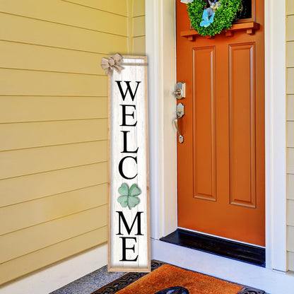 TQianJiang Interchangeable Welcome Sign for Front Porch Standing 45"X9" 12 Pcs Replaceable Signs Vertical Leaner Wood Framed Outdoor Decor (Wood White)