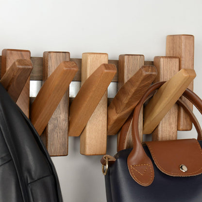 TEXAS BEST GIFT Solid Walnut Piano Key Coat Rack – 6-Hook Wall-Mounted Flip Hook Rack – Minimalist Wooden Hanger for Entryway, Bedroom, Office
