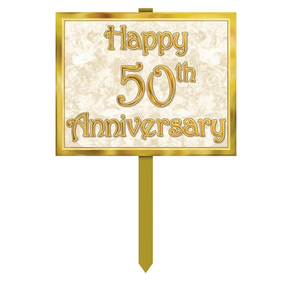 Beistle “50th” Anniversary Yard Signs – 2-Pack Double-Sided Cardstock Lawn Decorations with Gold Print on Wooden Stakes, Fiftieth Party Décor for Golden Anniversary Celebrations, 12" x 15"