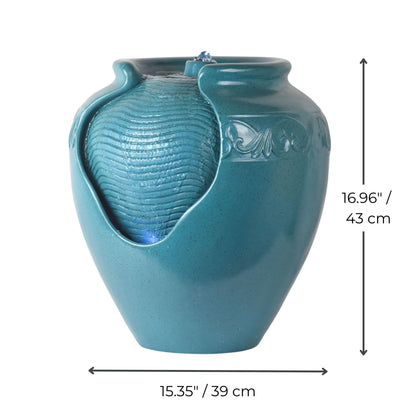 Teamson Home Floor Glazed Pot Water Fountain with Built-in LED Light and Pump for Outdoor Indoor Patio Garden Backyard Decking Home Décor, 17 inch Height, Teal