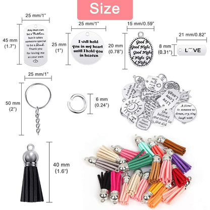 Audab 350Pcs Motivational Keychain Accessories Set with 50 Engraved Inspirational Words Charms, 50 Leather Keychain Tassels, 50 Keyring with Chain, 200 Open Jump Rings for DIY Crafting