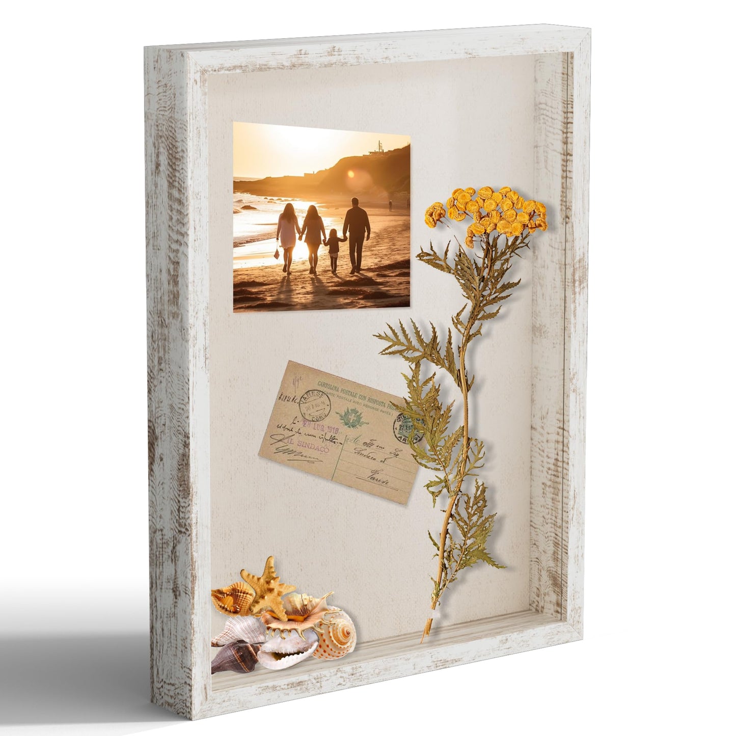 CCDCC 12x16 Large Shadow Box Picture Frame Display Case with Soft Linen Back, Distressed White Wooden Memory Shadow Box Frame with Tempered Glass Cover for Wall Display
