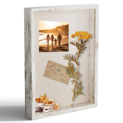 CCDCC 12x16 Large Shadow Box Picture Frame Display Case with Soft Linen Back, Distressed White Wooden Memory Shadow Box Frame with Tempered Glass Cover for Wall Display