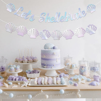 Let's Shellebrate Banner Iridescent Sea Shell Party Banner Under the Sea Mermaid Shell Garland for Girls Women Birthday Baby Shower Coastal Bachelorette Party Wedding Supplies
