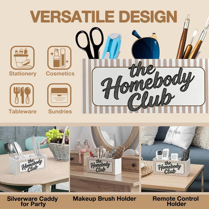LIANGEAGOM Trendy Retro Funny Pen Pencil Holder Organizer for Desk Accessories, Introverts Gifts, the Homebody Club Neutral Striped Wooden Box Signs Decorations for Home Office Desk Tabletop