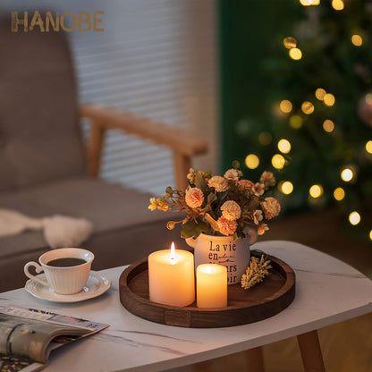 Hanobe Round Wooden Candle Trays: Rustic Candlestick Holder Tray Pillar Stand for Table Centerpiece - Farmhouse Coffee Table Decor for Living Room Kitchen Counter