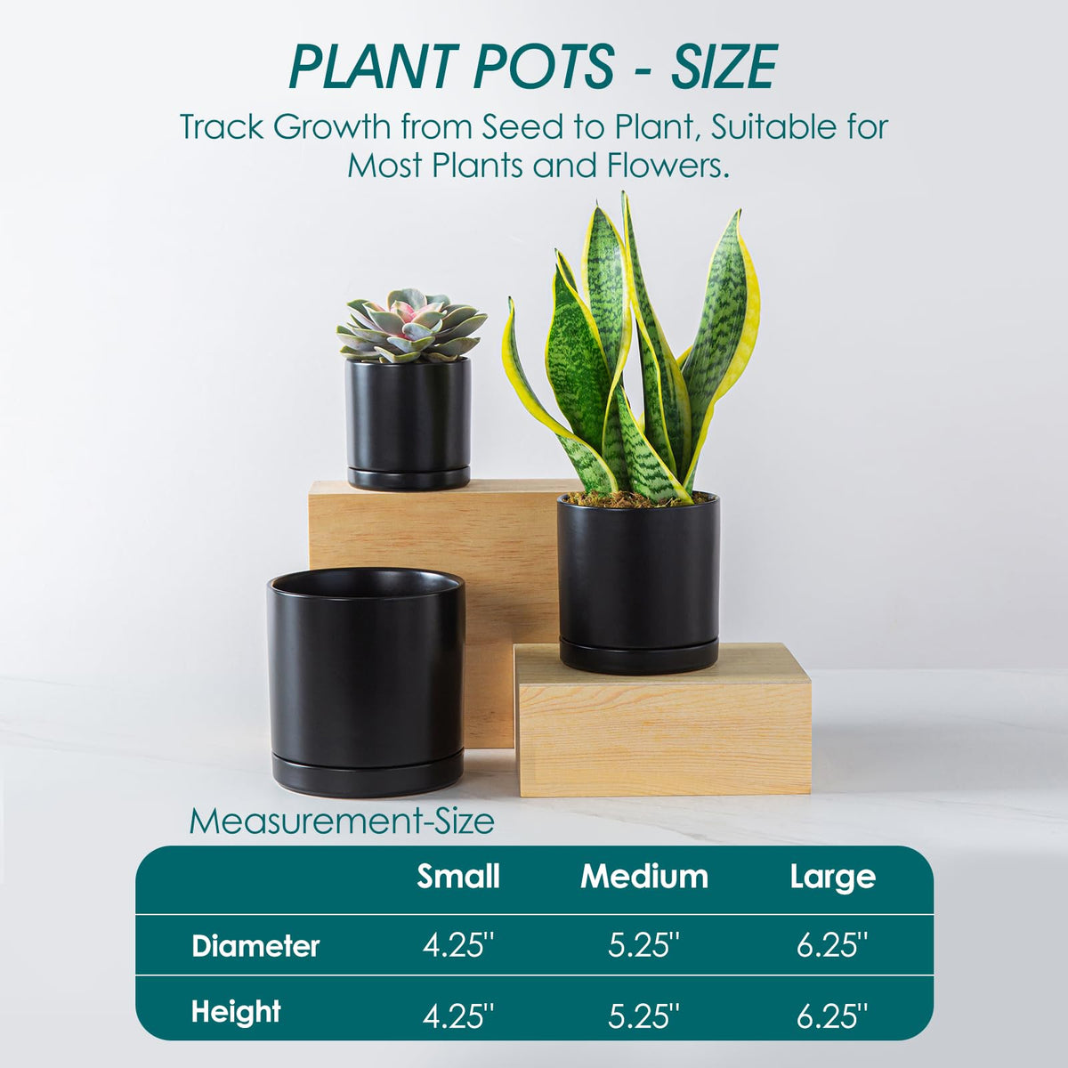 vancasso Ceramic Plant Pots, 3 Piece Planters for Indoor Plants, 4.25+5.25+6.25 Inch Flower Pots with Drainage, Plant Pots Indoor for Succulent, Pothos, Snake Plant and Money Tree, Etc (Black)