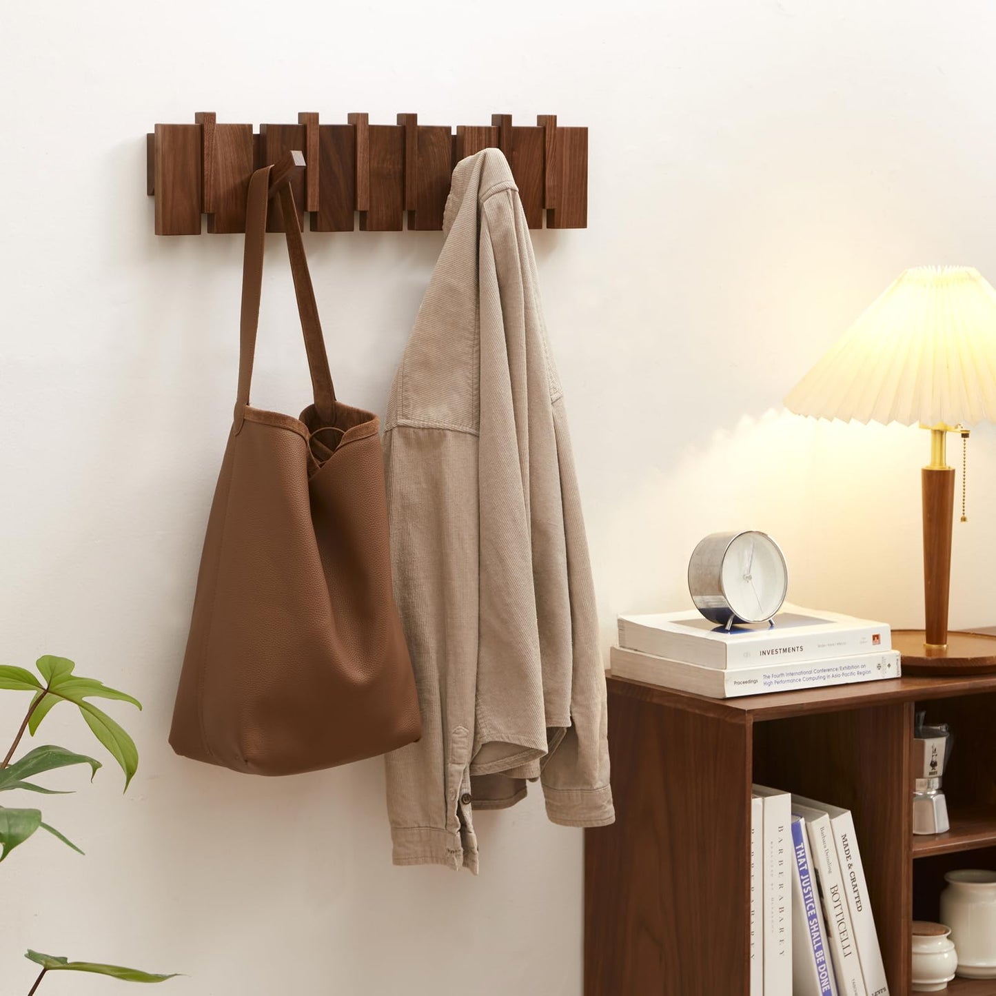 QUELLANCE Wood Coat Rack Wall Mount, Coat Hooks Hanger Wall Mounted, Heavy Duty Wall Coat Rack with 8 Hooks for Hanging Coats/Keys/Hats/Robe&Towels/Plants/Bags, Walnut