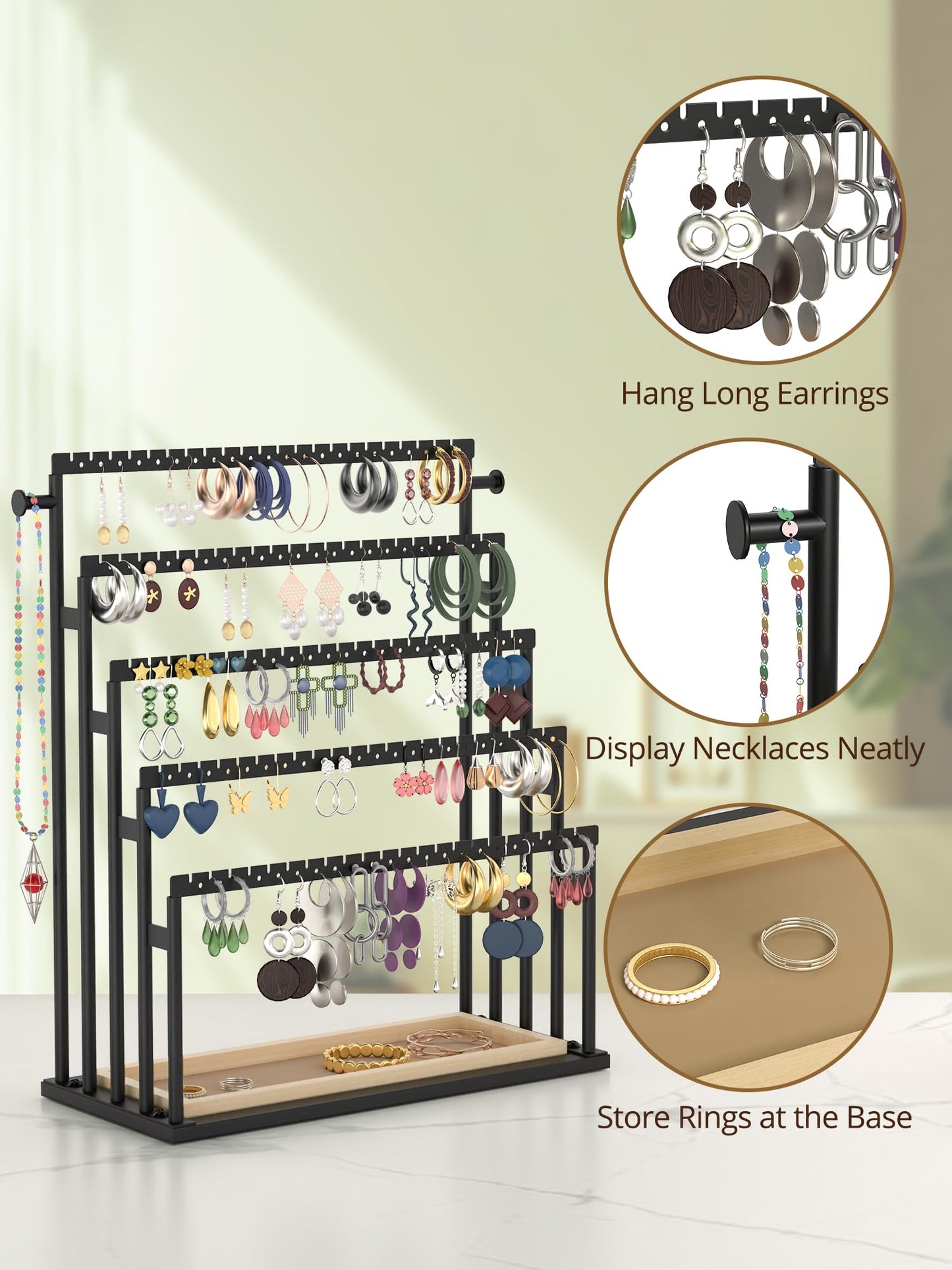 TIPSYTREE Earring Holder Organizer, 5-Tier Step Jewelry Display Stand with Metal Frame and Wooden Storage Organizer, Large Earring Holder for Studs, Hoops, Dangles, Modern Jewelry Organizer for Women