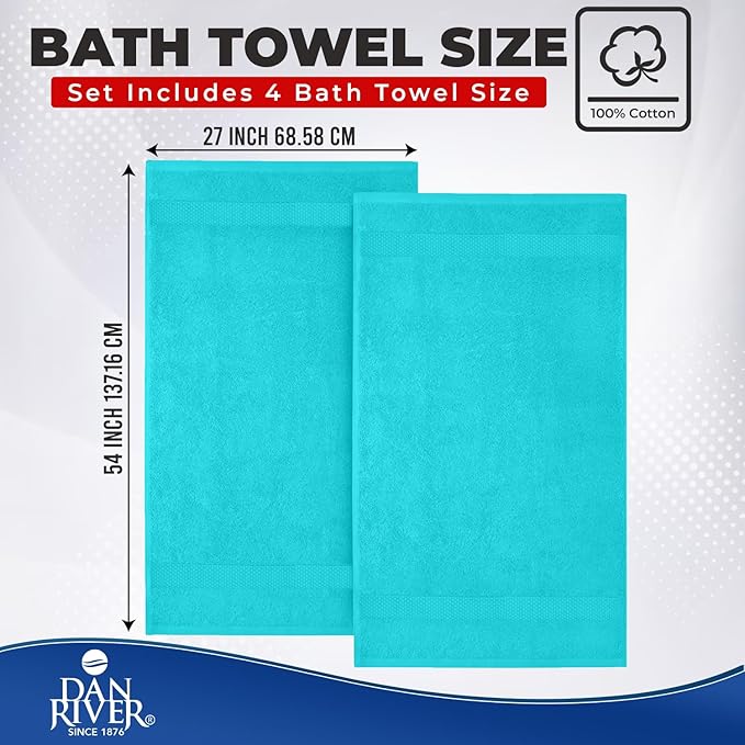 DAN RIVER Bath Towels Set of 4, 27 x 54 Inches, 100% Cotton, Larger & Lighter
