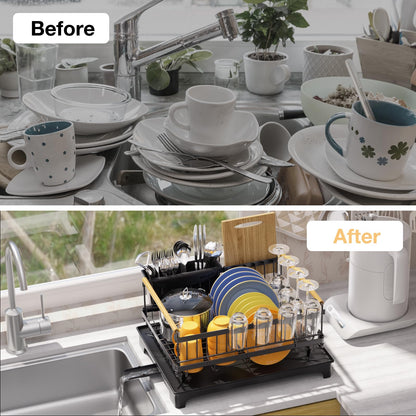 Dish Rack Lightweight & Space-Saving Drying Rack with Drainboard Large Capacity Anti-Rust Kitchen Counter Organizer with Cup, Utensil & Cutting Board Holders for Dishes, Bowels, Spoons and Forks