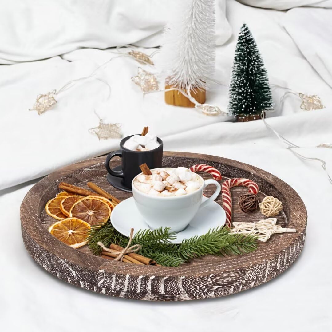 Round Decorative Wooden Serving Trays for Ottoman Coffee Table Tray Farmhouse Kitchen Home Decor Accents Circle Circular Wood Decorations Trays Rustic Dining Table Centerpiece Candle Holder Tray