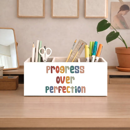 GGED Progress Over Perfection Pen Holder, Motivational Desk Organizer, 3 Compartments Wooden Pencil Caddy for Office, Home, Classroom
