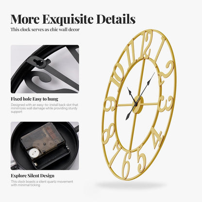 Large Wall Clock Gold Clocks for Living Room, 24 Inch Decorative Wall Clocks Battery-Operated, Modern Metal Round Clock Silent Non Ticking for Kitchen Mantel Bedroom Office Decor, Arabic Numerals