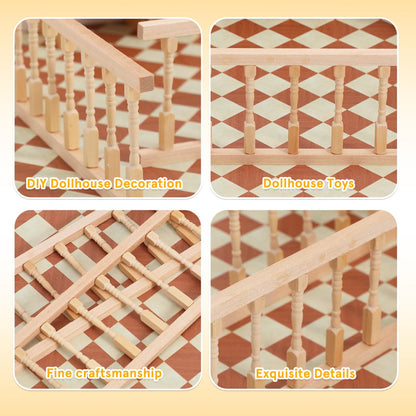 Garneck 2PCS Dollhouse Railing Kit: 1:12 Scale Unfinished Wooden Handrail Miniature Porch Railing for Balcony Tiny Stair Fence Accessories DIY Fairy Doll House Furniture Decoration