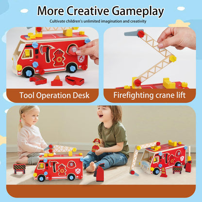 LOVELAND Wooden Fire Truck Toy – Take-Apart STEM Vehicle with Firefighter Tools & Shape Sorting, Montessori Educational Gift for Toddlers Boys Girls Ages 3+