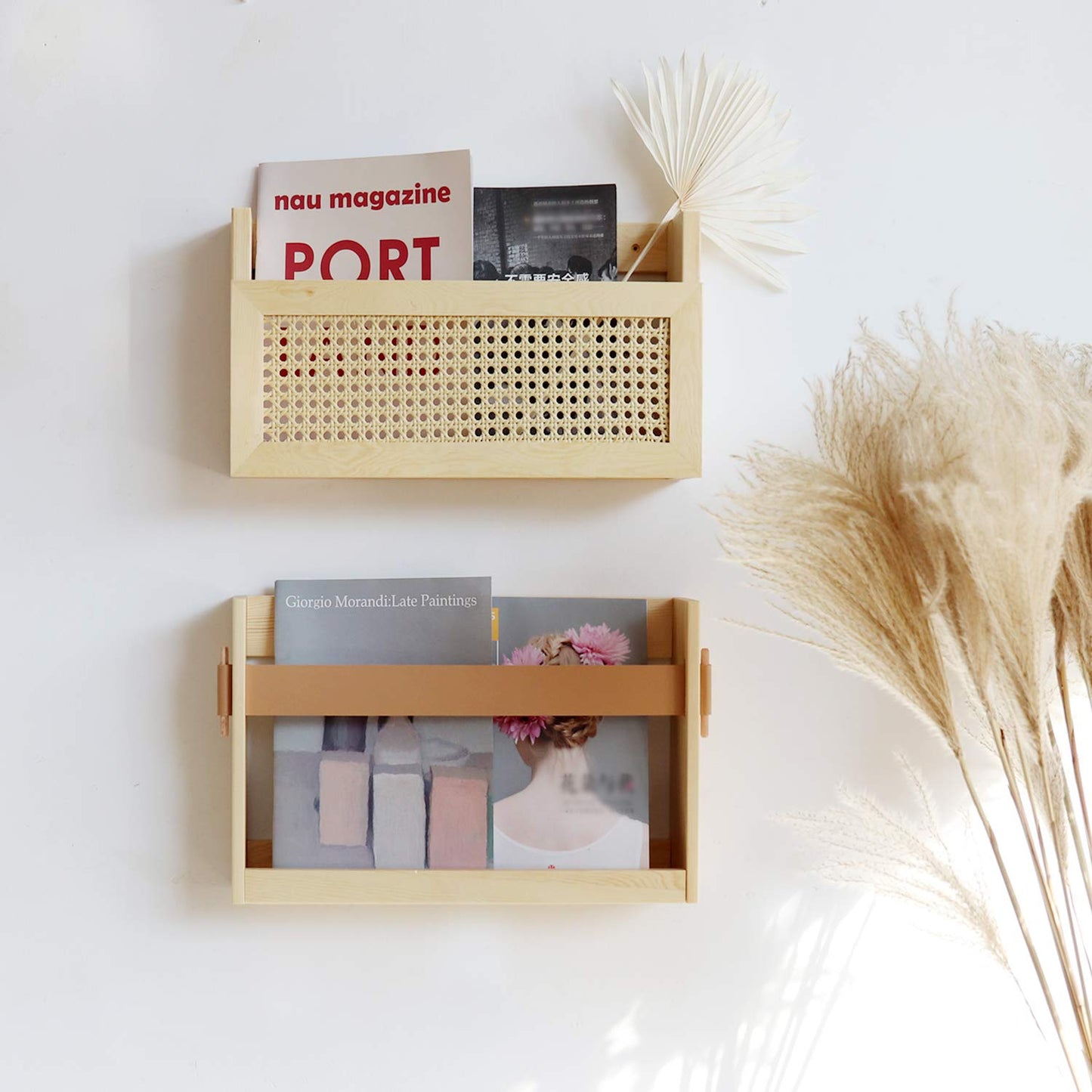 FIRADE Wall-Mounted Magazine Holder With PU Leather Strap,Wood Magazine rack,File Organizer For Entryway, Office,Living Room, Waiting Room, Kids’ room,2 Pack (17.3" x 3.5" x 10.6 ")