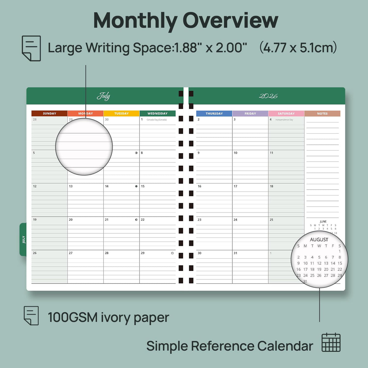POPRUN Teacher Planner 2026-2027, Letter Size 8.5"x 11", Weekly and Monthly Lesson Calendar, July 2026-June 2027 Academic Agenda Book, 7 Period Lesson Plan Organizer Book - Olive Green