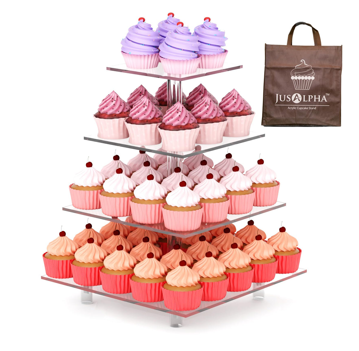 Jusalpha Large 4 Tier Cupcake Stand Square Acrylic Cupcake Tower Stand for Dessert, Pastry, Serving Platter-Candy Bar Party Décor and Supply(with Rod Feet) (4SF-V2)