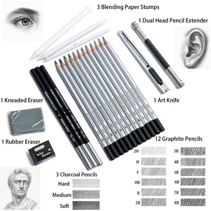 Drawing Sketching Pencil Set, 22 PCS Graphite and Charcoal Pencils with Blending Stumps, Erasers, Art Knife & Pencil Extender in Metal Box, Artist Sketching Supplies for Drawing & Shading (22 Pcs)