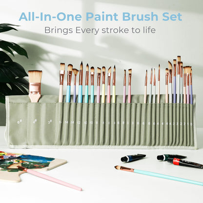 Nicpro 30pcs Paint Brush Set, Aesthetic Pastel Paintbrushes with Paint Spatula and Cloth Roll, Craft Paint Brushes for Acrylic Painting Oil Watercolor Gouache, Art Supplies for Women Artists Beginners