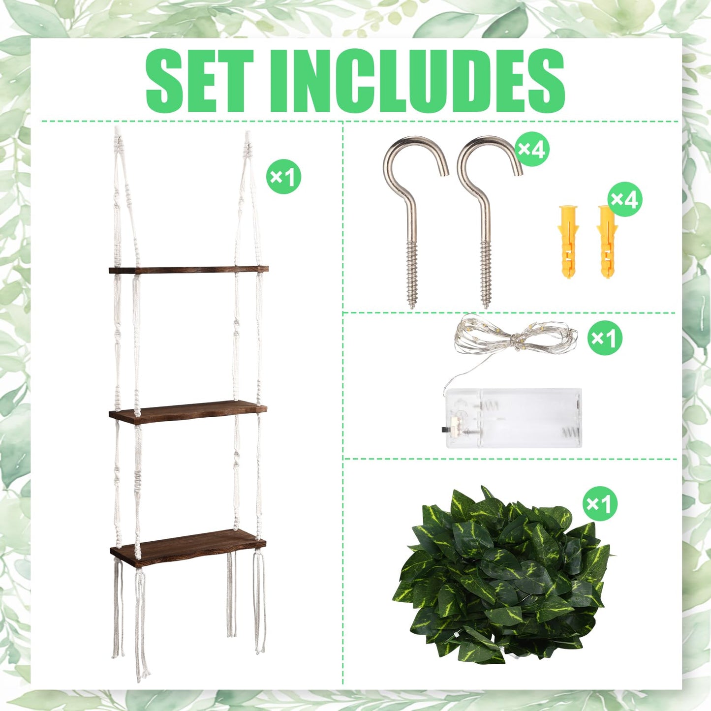 Novabright 3-Tier Boho Wall Hanging Shelves with LED Lights and Green Leaves, Irregular Edge, Floating Wall Shelf for Bedroom Art, Wooden Hanging Floating Storage Shelves Room Decor