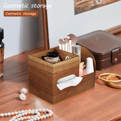 BIBELUN Wood Tissue Box Cover Square with Tray and Remote Holder, Multifunctional Tissues Cube Box Organizer/Shelf/Rack, Napkin Storage Box for Bathroom, Vanity, Nightstand, Office, Home Decor