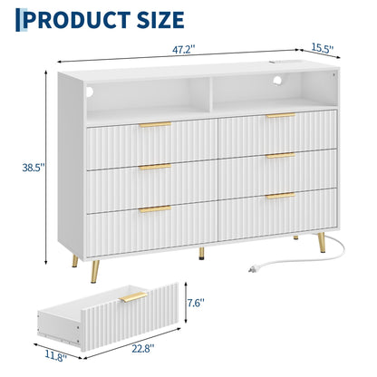 IDEALHOUSE 6 Drawer Fluted Dresser for Bedroom, 47.2" Wide Modern Chest of Drawers with Metal Handles, Wooden TV Stand, Storage Organizer for Closet, Living Room, Hallway, White