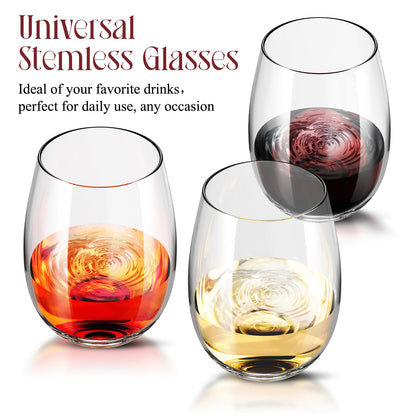 CHENGO Stemless Wine Glasses Set of 4 for Daily Use, 18oz Premium Stemless Red or White Wine Crystal Glass, No Stem Wine Glasses, Gifts for Wedding, Anniversary, Hosting, Birthday