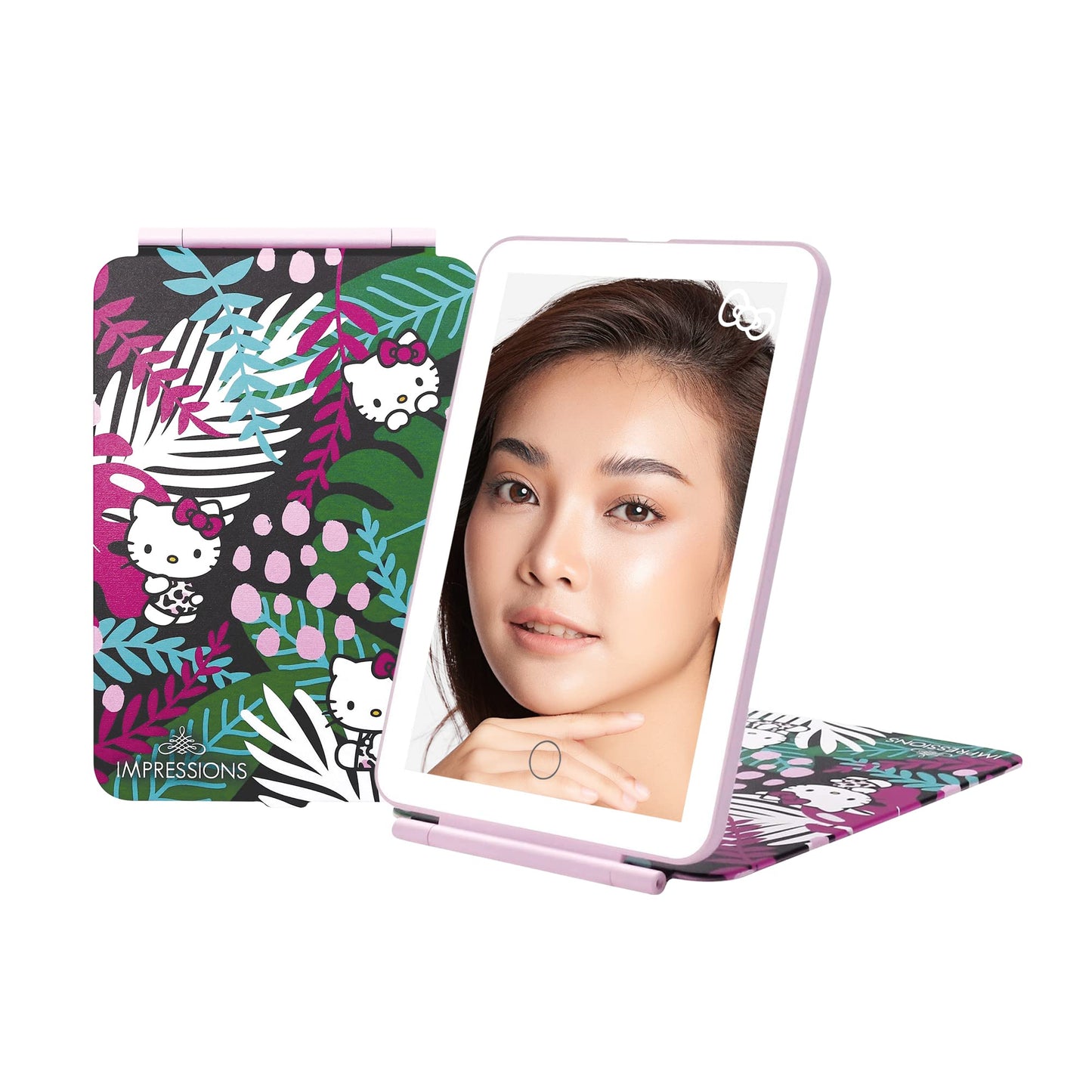Impressions Vanity Hello Kitty Touch Pad Mini Tri-Tone Makeup Mirror with Printed Flip Cover and LED Strip, Travel Vanity Mirror with Touch Sensor Switch and USB Extension (White/Pink)
