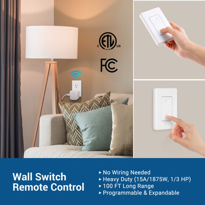 DEWENWILS Wireless Remote Wall Switch and Outlet, No Wiring Remote Control Outlet Light Switch, Expandable, 15A/1875W, 100ft RF Range, Compact Side Plug, ETL Listed (1 Outlet and 2 Remotes)