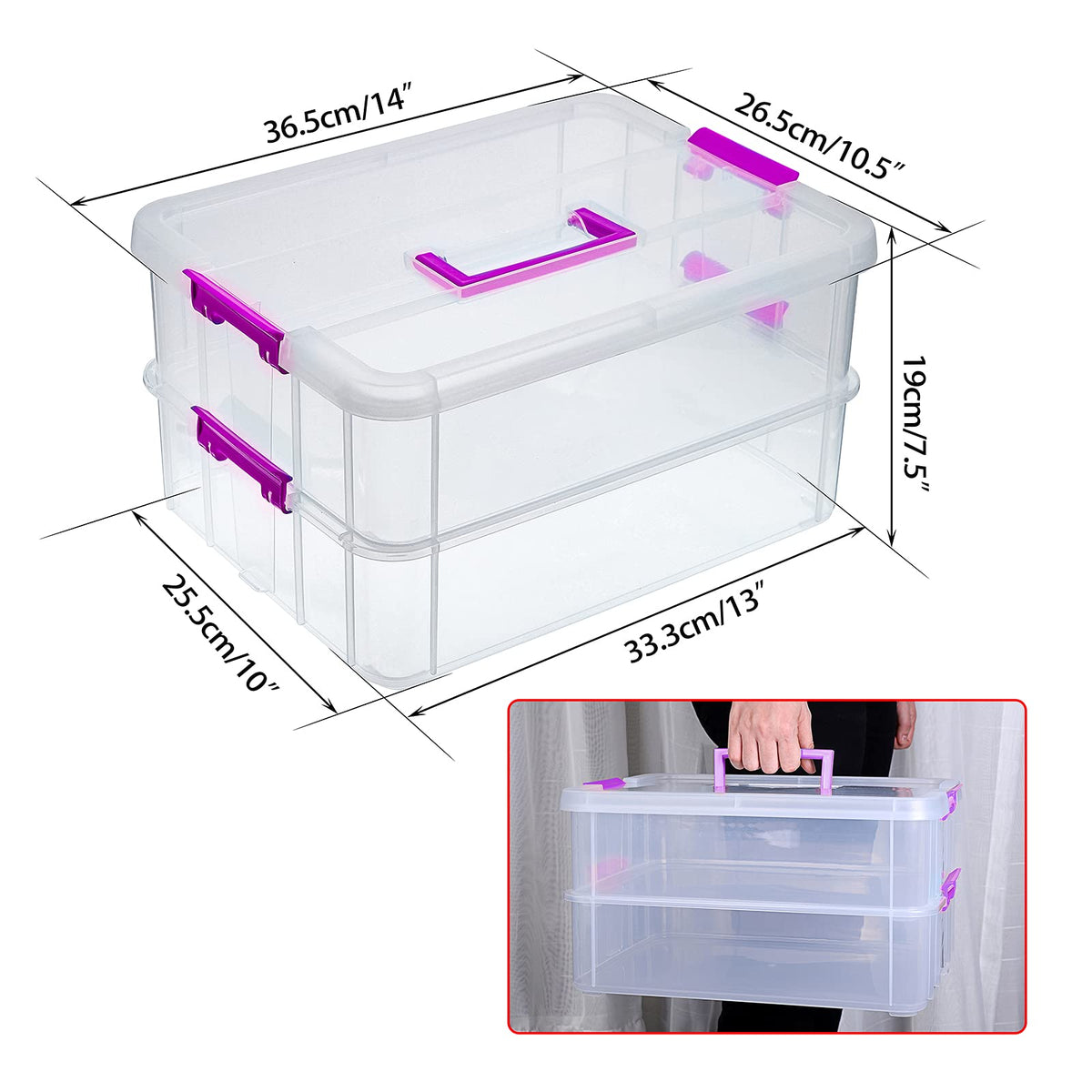 BTSKY 2 Layer Stack & Carry Box, Plastic Multipurpose Portable Storage Container Box Handled Organizer Storage Box for Organizing Stationery, Sewing, Art Craft, Jewelry and Beauty Supplies(Purple)