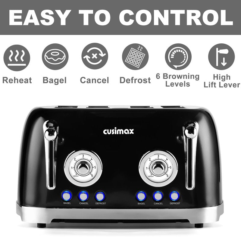 CUSIMAX Toaster 4 Slice, Retro Toaster with Wide Slots for Bagels, Stainless Steel with 6 Toast Settings, Bagel, Cancel, Defrost & Reheat Functions, Dual Independent Control Panels, Black